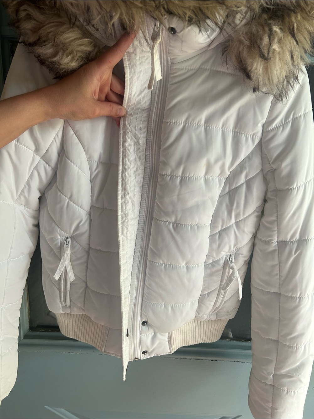 Vintage Y2K American Eagle Fur Hood Bomber Puffer Jacket Full Zip Coat White M - Picture 4 of 12